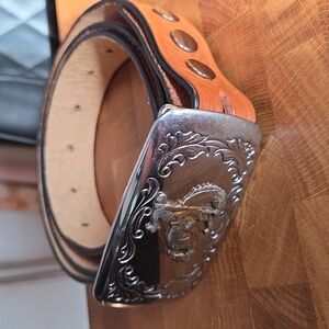 Metal Belt Buckle With Bucking Bronco Cowboy...Tan Belt With Design